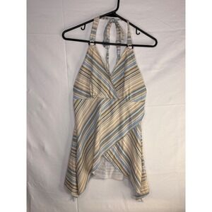 Los Angeles Express Striped Halter Top Blue Tan Handkerchief Hem Vintage Y2K L